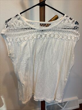 LOFT White Crochet Yoke Short Sleeve Top
